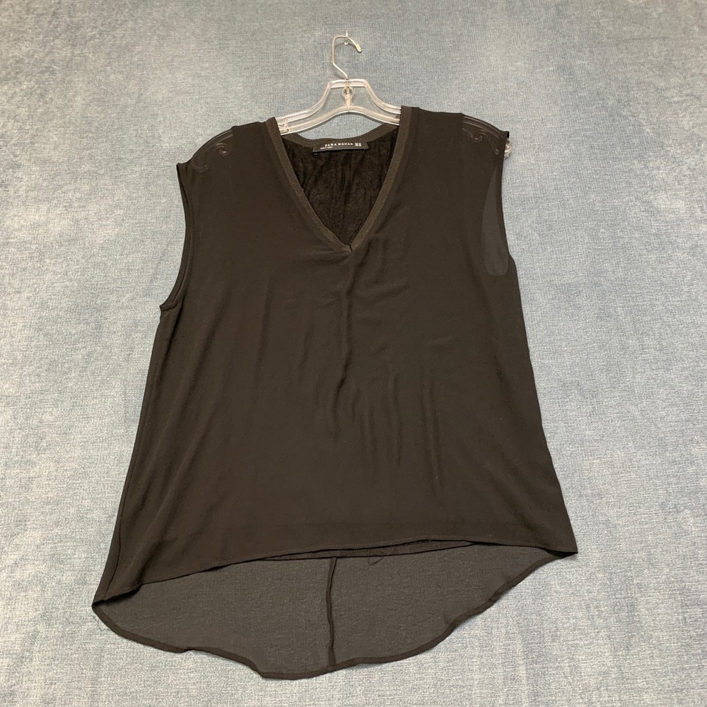 Zara Blouse Top Womens XS Black V-Neck Sheer Sleeveless High Low Hem Pullover